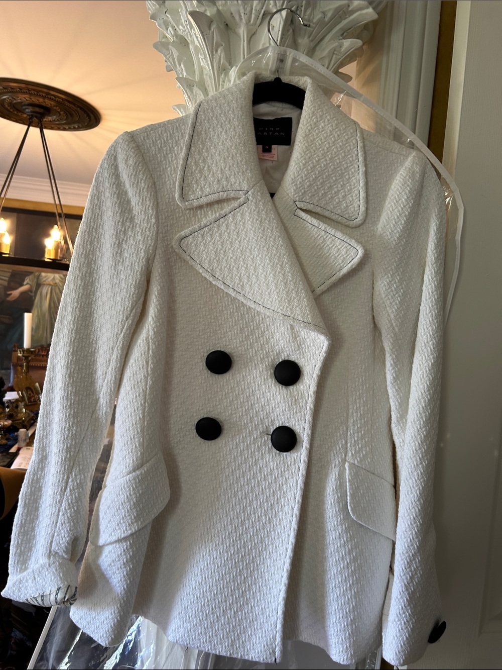 Pink Tartan White Double-Breasted Textured Peacoat with Black Buttons